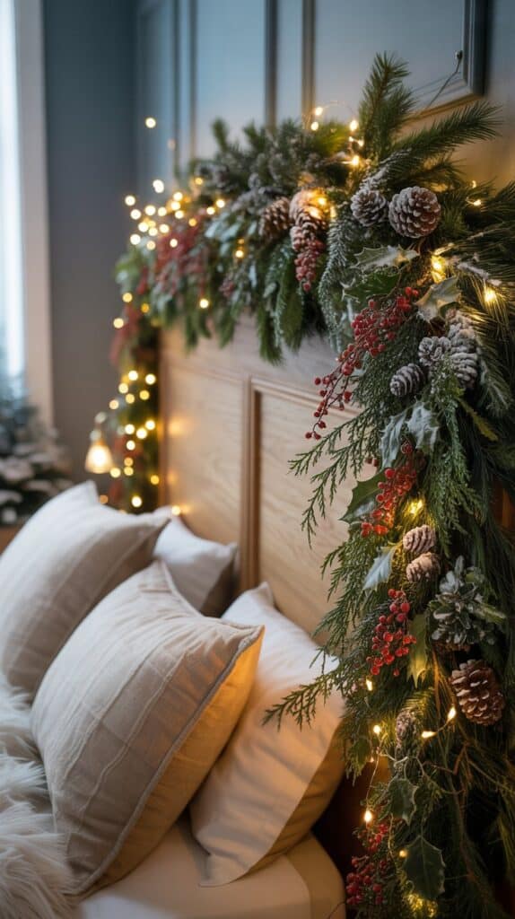 10 Christmas Bedroom Decor Ideas: A lush garland twined with fairy lights draped across your headboard, the ultimate Christmas cottage vibe.