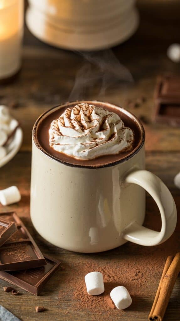 Steam curling into the air, whipped cream melting into the velvety surface, and chocolate drizzle glistening like liquid gold under fairy lights.