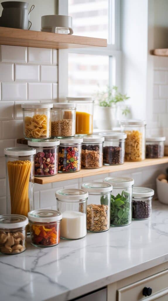 A kitchen counter lined with jars of hot cocoa mix, marshmallows, and striped candy canes, ready for cozy winter moments.