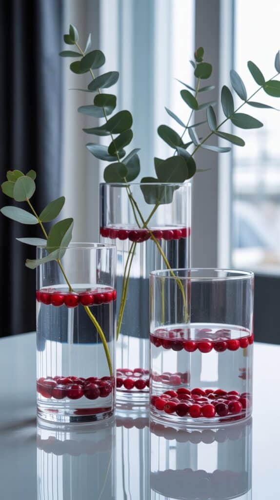 Sleek glass vases with floating cranberries and elegant green stems, adding a clean, modern pop of color to your holiday table.