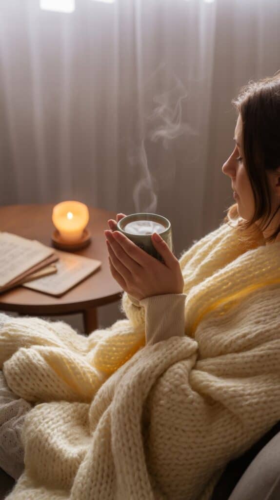 You light a vanilla-sandalwood candle, put on gentle instrumental music, and wrap yourself in a soft throw. The air smells cozy, your hands feel warm, and your thoughts begin to quiet.