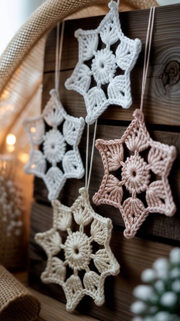 Delicate white snowflakes catching twinkle-light sparkle on a tree.