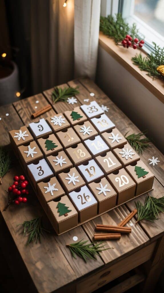 Little Kraft drawers numbered 1–24 with tiny candy canes peeking out.