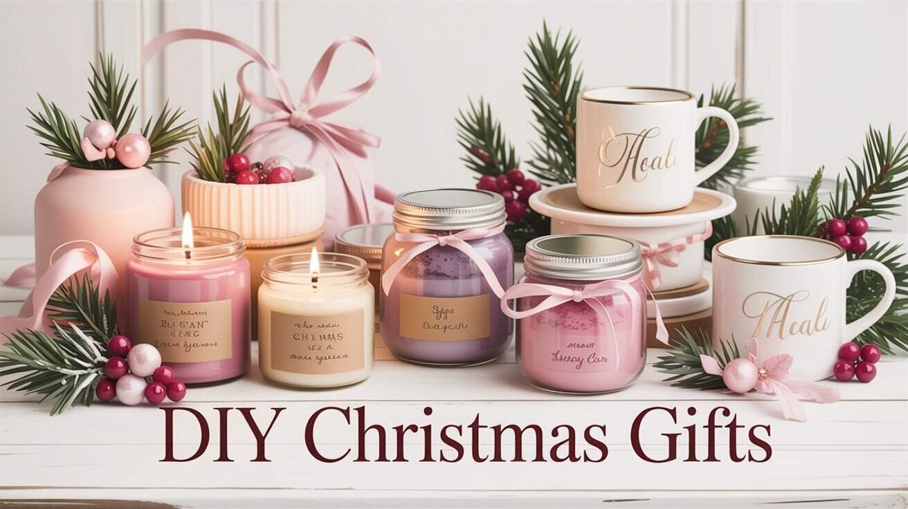 DIY Christmas Gifts. Stylish DIY Christmas gifts display features scented candles in jars, ceramic mugs, and decorative pine branches with berries, evoking a cozy, festive vibe.