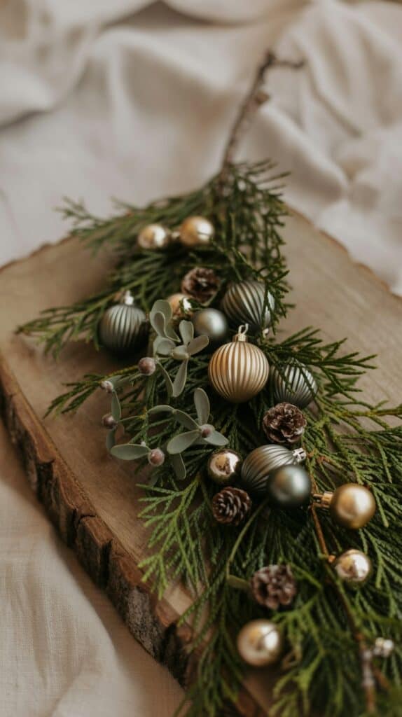 A stunning branch display with ornaments in soft metallics and forest greens, bringing instant holiday charm to your space.