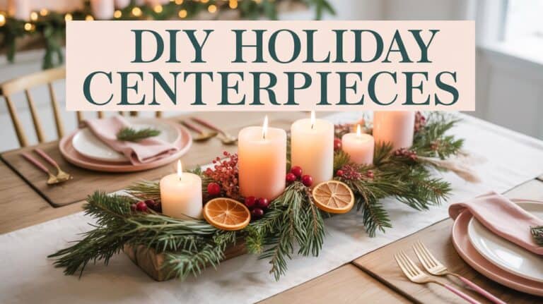 Festive table with a DIY Holiday Centerpieces featuring glowing candles, pine branches, red berries, and dried orange slices. Elegant and cozy atmosphere.