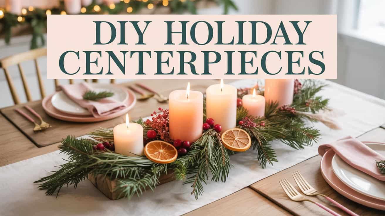 Festive table with a DIY Holiday Centerpieces featuring glowing candles, pine branches, red berries, and dried orange slices. Elegant and cozy atmosphere.