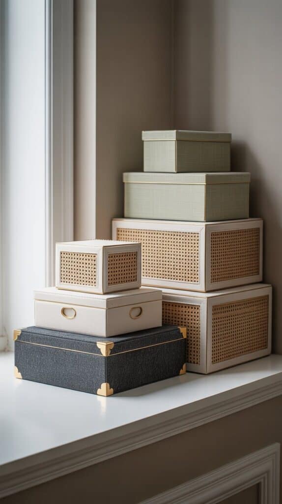 A stack of  boxes, doubling as decor near the corner of the bedroom.