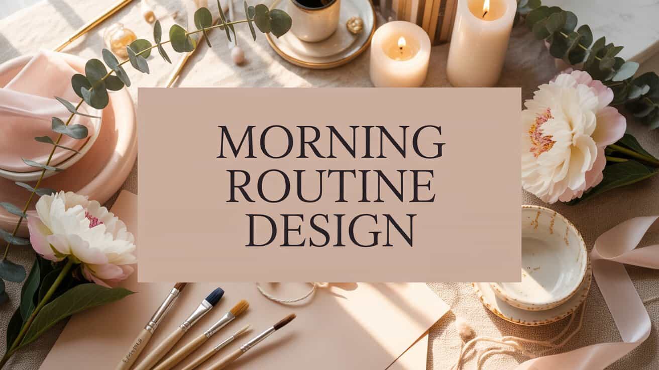 Designing a Morning Routine. Elegant workspace with brushes, candles, and flowers arranged artistically. A central card reads "Morning Routine Design," conveying calm and creativity.