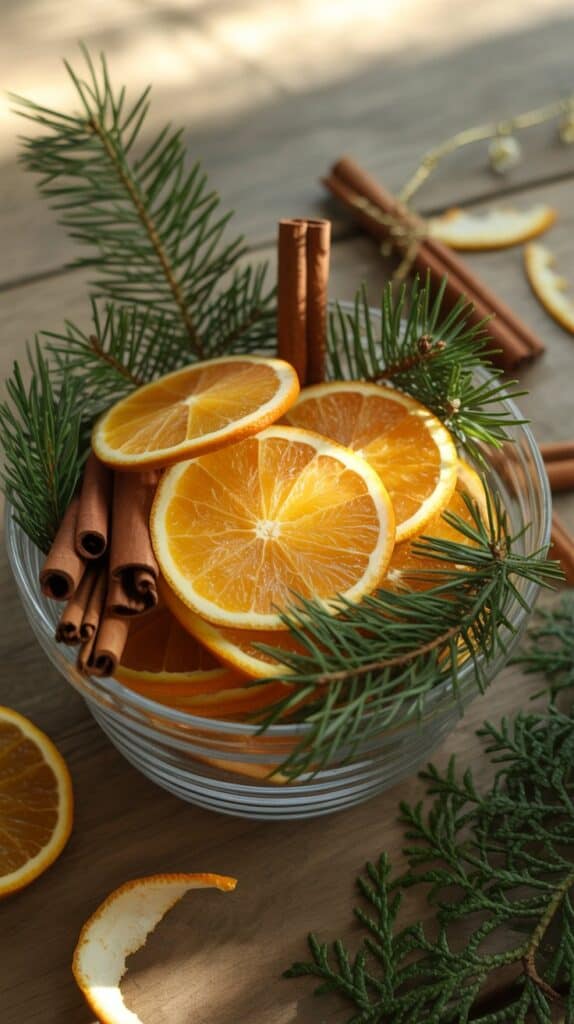 DIY Holiday Centerpieces: A clear bowl brimming with amber-orange slices, fragrant cinnamon, and bits of evergreen, a rustic yet elegant holiday statement.