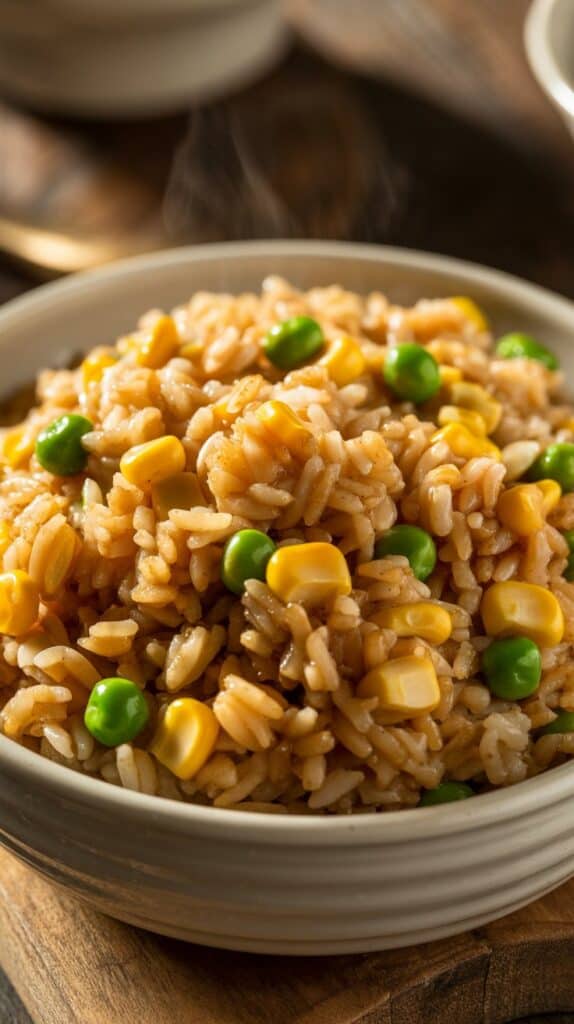 Quick Lunches for Work: Steaming rice with pops of color from corn and peas, savory soy sauce coating every grain, comfort food in minutes.