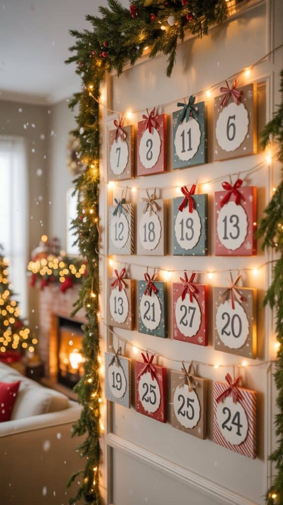 Simple DIY Advent Calendars: A festive wall filled with cute numbered envelopes, creating a countdown full of surprises and laughter.