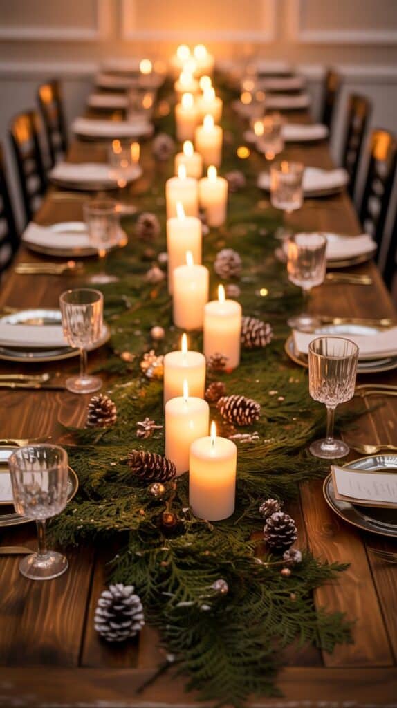 A long dining table glowing under soft candlelight, framed by lush green branches and pinecones dusted with faux snow.