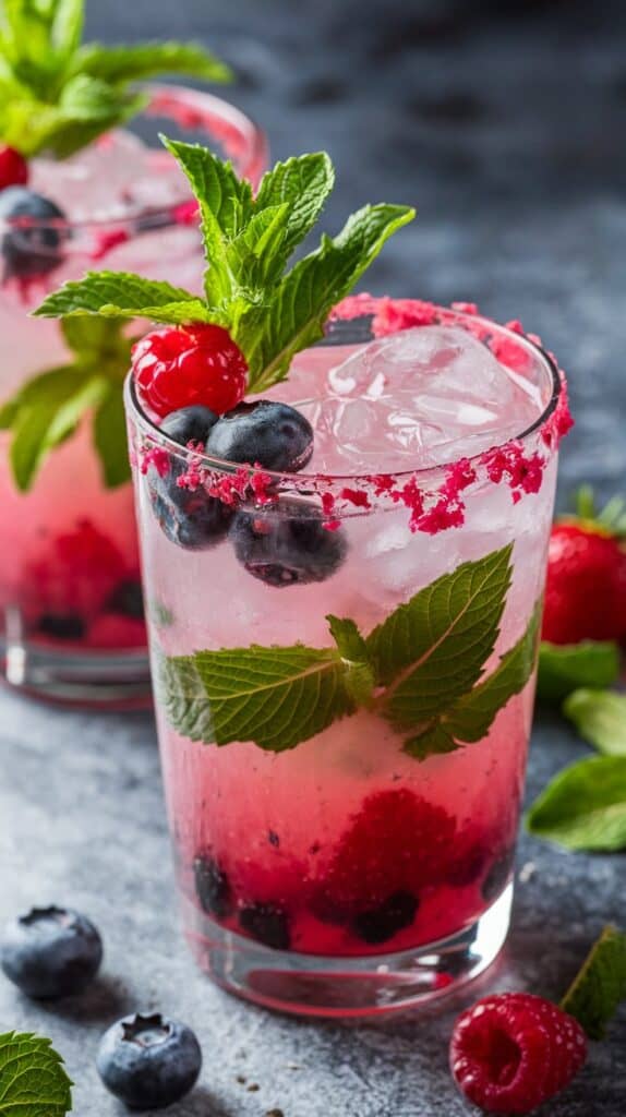 Festive Mocktails: Crushed berries swirling like watercolor, mint leaves floating gracefully on top of fizzing bubbles.