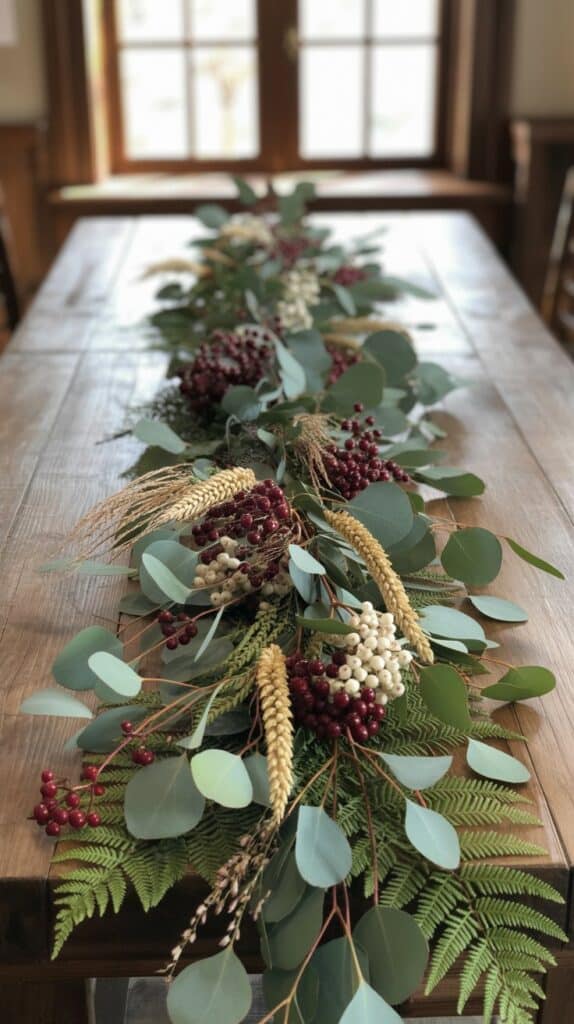 A nature-inspired runner flowing down your table, blending soft greens, berries, and warm light for the perfect rustic elegance.
