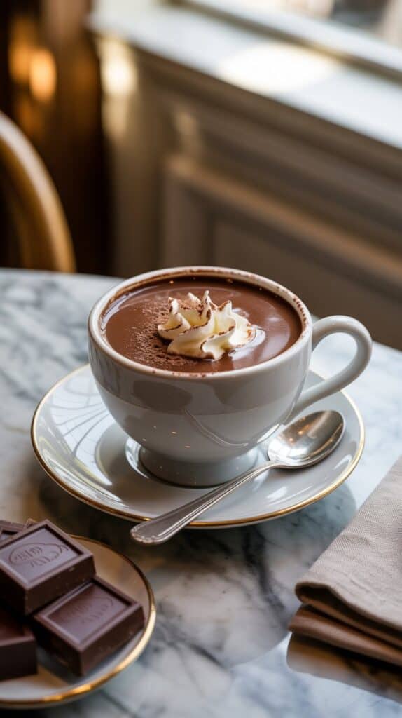 A small porcelain cup of glossy, rich chocolate so thick you can almost eat it with a spoon, perfect for cozy mornings in Paris or your kitchen.