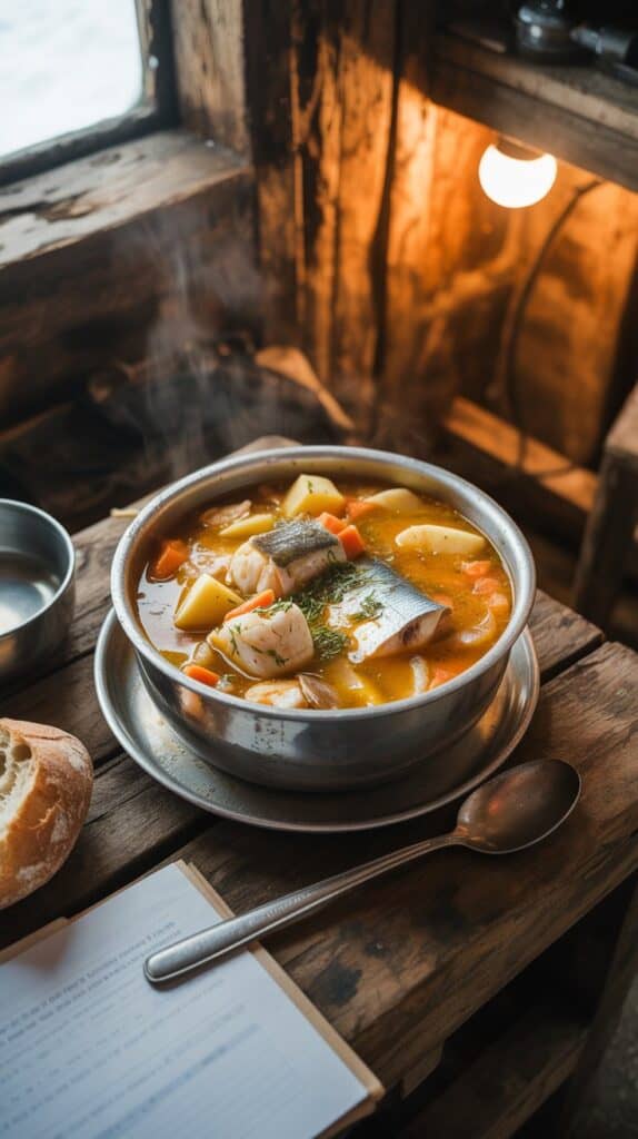 Meals here are hearty, practical, and comforting, like fish stews, breads, and preserved ingredients shared among teams.