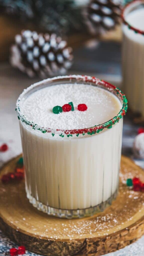 A creamy white drink topped with shredded coconut, like a snowy Christmas scene in a glass.