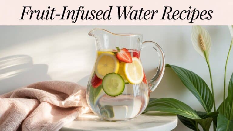 Fruit-Infused Water Recipes. Pitcher of fruit-infused water with lemon, cucumber, and strawberries on a marble table. Soft towel and green plant in background. Text: "Fruit-Infused Water Recipes."