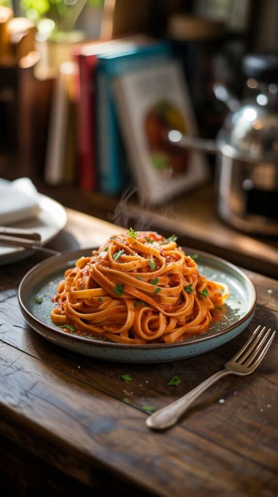 A creamy, sunset-orange sauce clinging to every strand of pasta, specks of chili glowing like confetti.