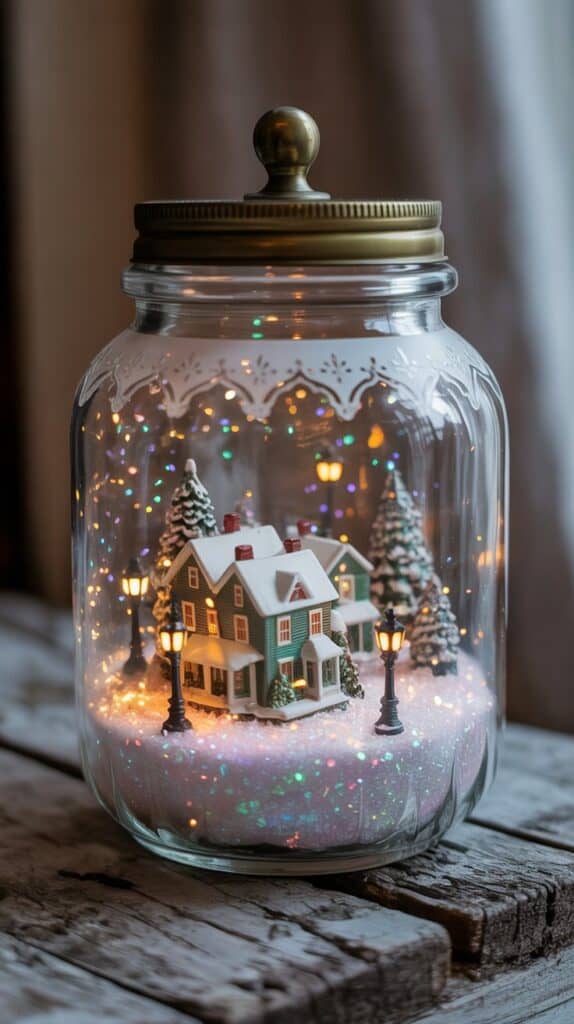 15 Cozy Christmas Crafts: Tiny evergreen trees under swirling silver glitter.
