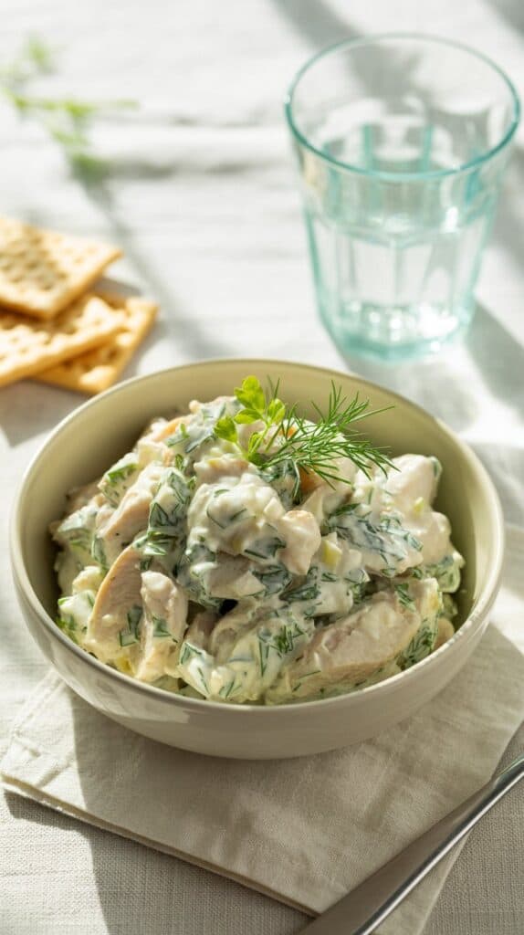 A creamy chicken salad flecked with herbs, light but satisfying, the kind of lunch that feels like a reset.