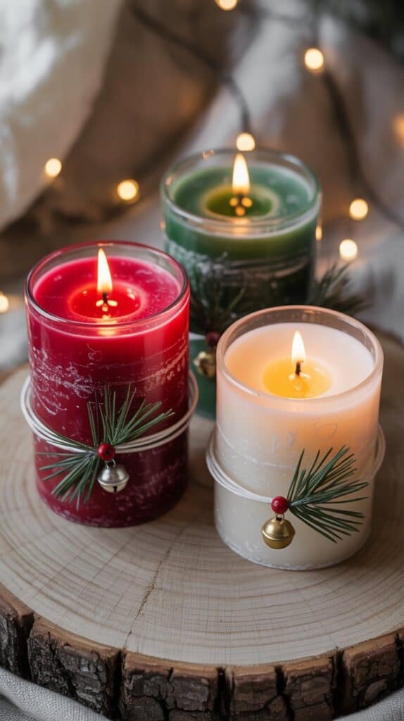A frosted glass jar tied with red-and-white twine, a tiny pine sprig tucked under the bow, and the soft glow of cinnamon-vanilla filling the room.