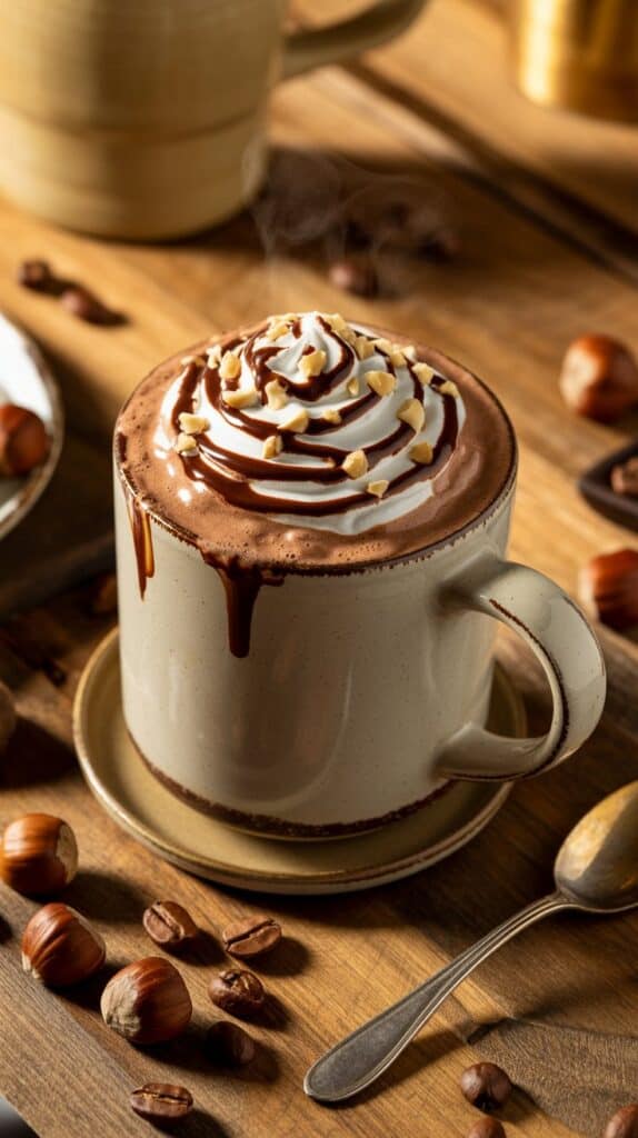 Swirls of chocolate and hazelnut melting together, golden nut pieces glinting on top of a mountain of whipped cream.