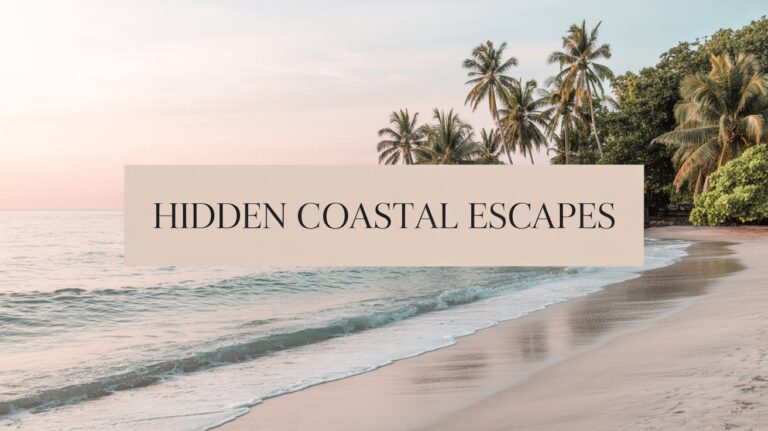 Hidden Coastal Escapes in Central America. Sandy beach with gentle waves, lined by palm trees against a pink-hued sky. Text overlay reads "Hidden Coastal Escapes." Calm and serene.