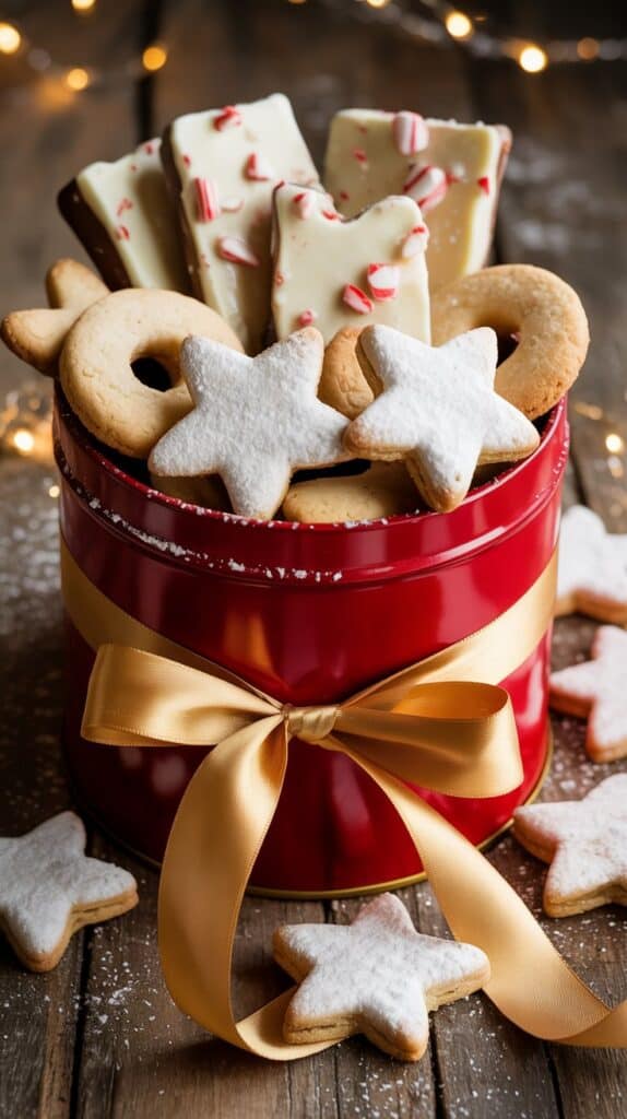 A red tin tied with gold ribbon, filled with sugar-dusted cookies and peppermint bark.
