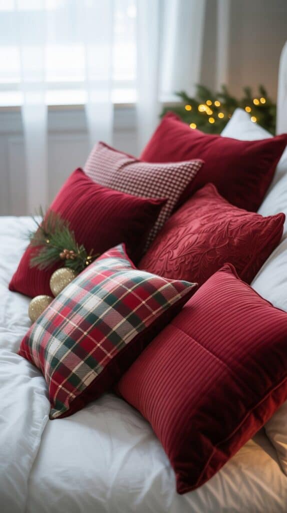 A pile of red velvet and plaid pillows that instantly make your bed look photo-ready for Christmas morning.