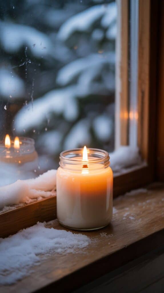 A cinnamon-vanilla candle flickering softly as carols play and snow falls outside your window.