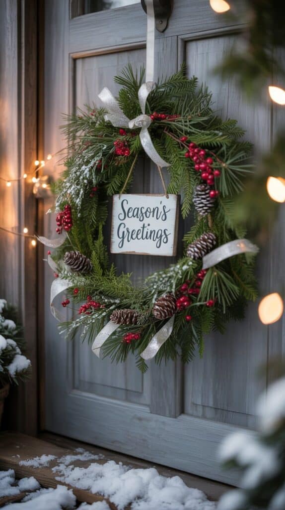A lush green wreath with warm orange slices and a velvet ribbon.