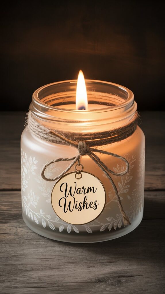 A frosted glass candle jar wrapped in twine with a gold tag that reads “Warm Wishes.”