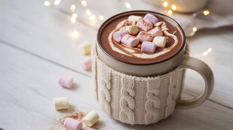 Hot Chocolates. A cozy beige mug wrapped in a knitted sleeve holds hot chocolate topped with whipped cream and colorful marshmallows. Soft fairy lights twinkle in the background.