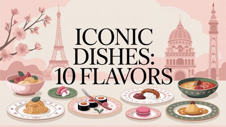 Iconic Dishes. A variety of international dishes like pasta, sushi, and ramen are artistically displayed. Iconic landmarks and cherry blossoms create a cultural, vibrant ambiance.