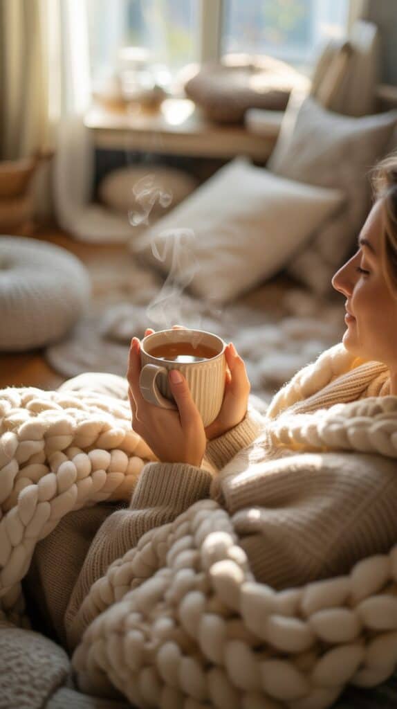 You curl up on your chair, wrap yourself in a plush blanket, and sip herbal tea from your favorite mug. Your body melts into softness as your mind follows.