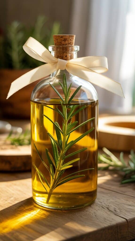 A clear glass bottle filled with golden oil and sprigs of rosemary, tied with a cream ribbon.