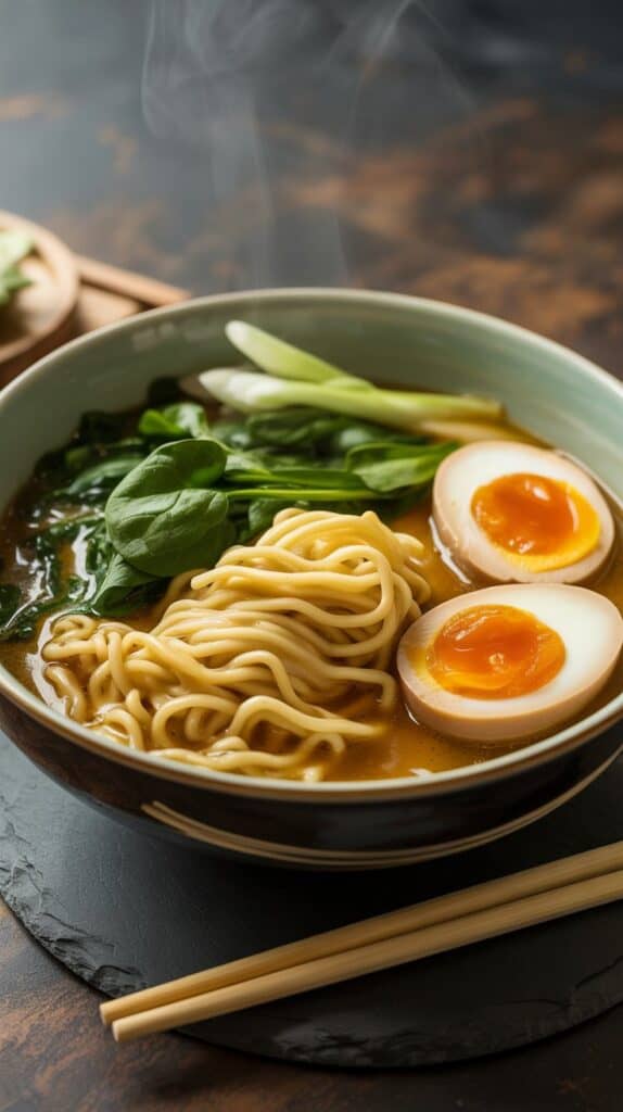 Quick Lunches for Work: A steaming bowl of noodles with soft greens and a jammy egg, a comfort classic with a glow-up.