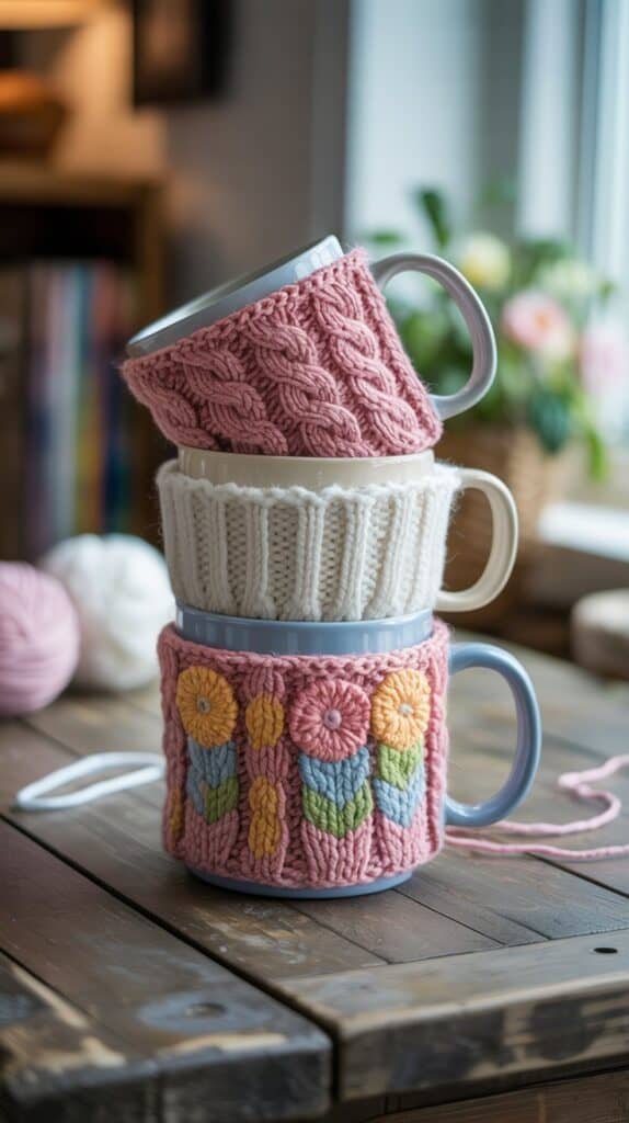 A cable-knit sleeve hugging a white mug topped with a cocoa cloud.