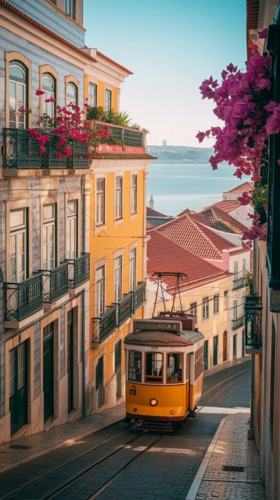 A tram gliding down cobblestone hills as locals enjoy warm pastries by the water.