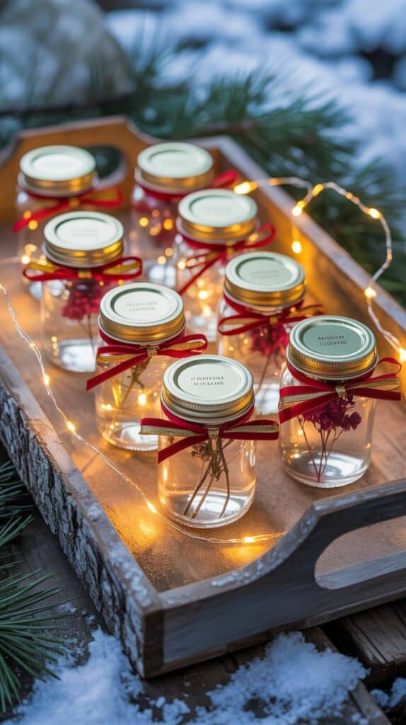 A rustic tray filled with tiny glass jars tied in red and gold ribbons, sparkling under holiday lights.