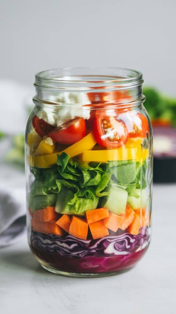Layers of color stacked neatly in a glass jar, looking as beautiful as it tastes, perfect for snapping a quick lunch photo before diving in.