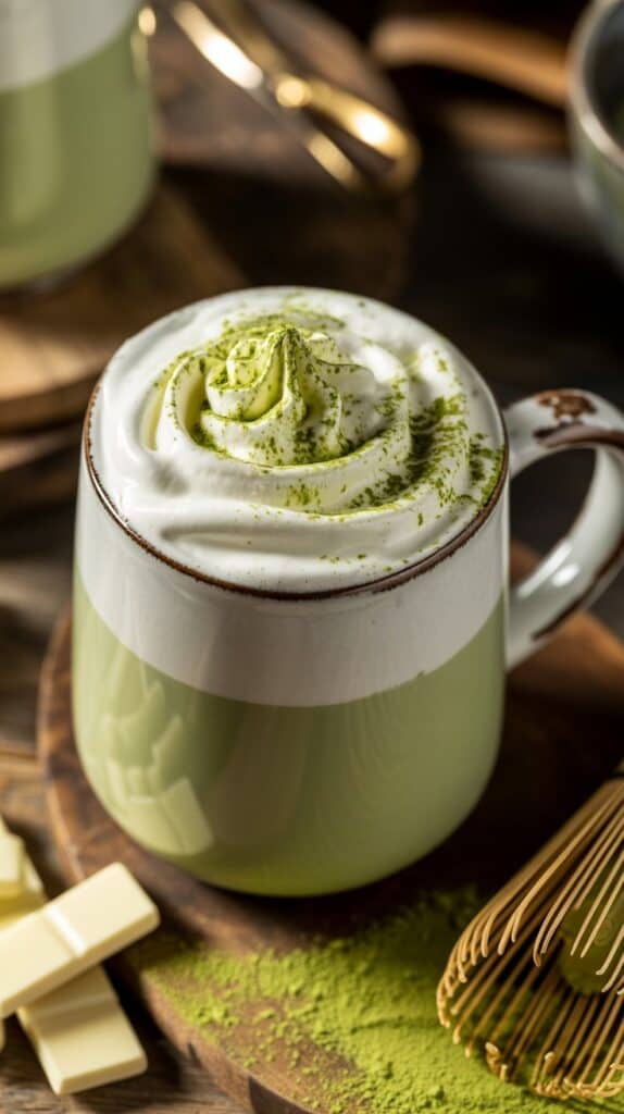 Hot Chocolates: A pastel-green drink with soft, creamy foam, a matcha heart drawn on top, and a sprinkle of gold dust for extra flair.
