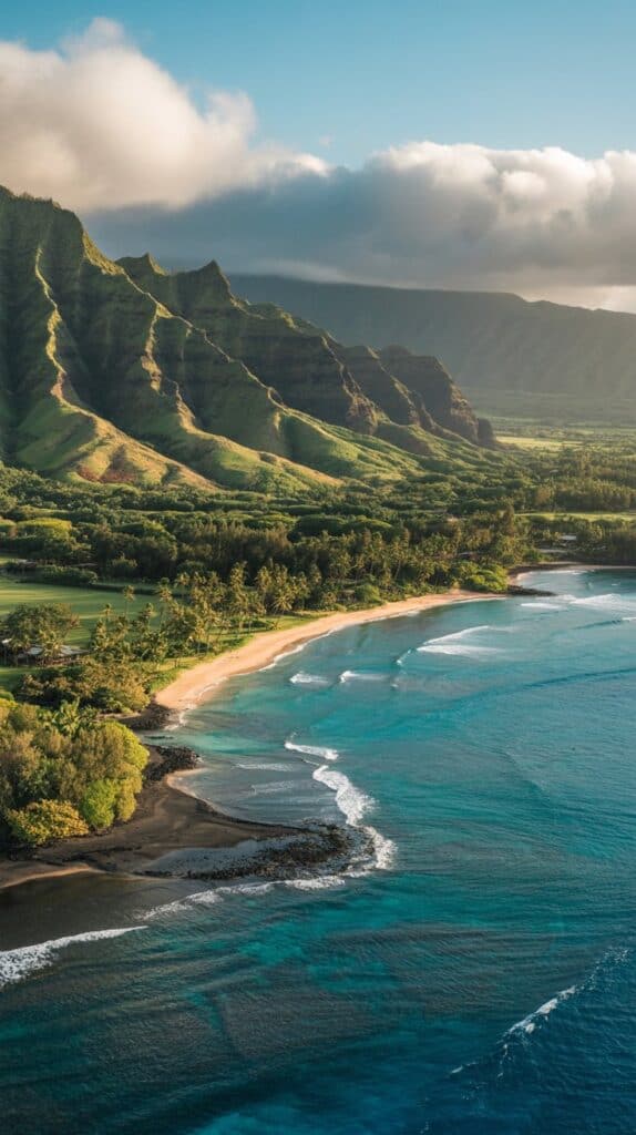 A breathtaking coastal landscape with turquoise ocean waves gently lapping a secluded sandy beach. Verdant mountains rise dramatically under a cloud-specked sky.