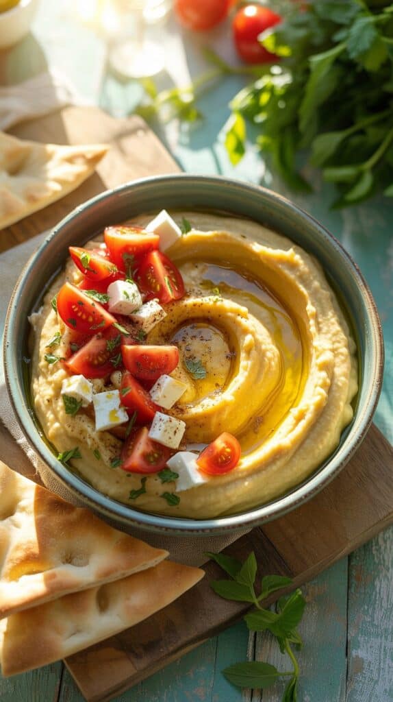 A colorful bowl bursting with creamy hummus, juicy tomatoes, and salty feta, like sunshine in your lunch break.