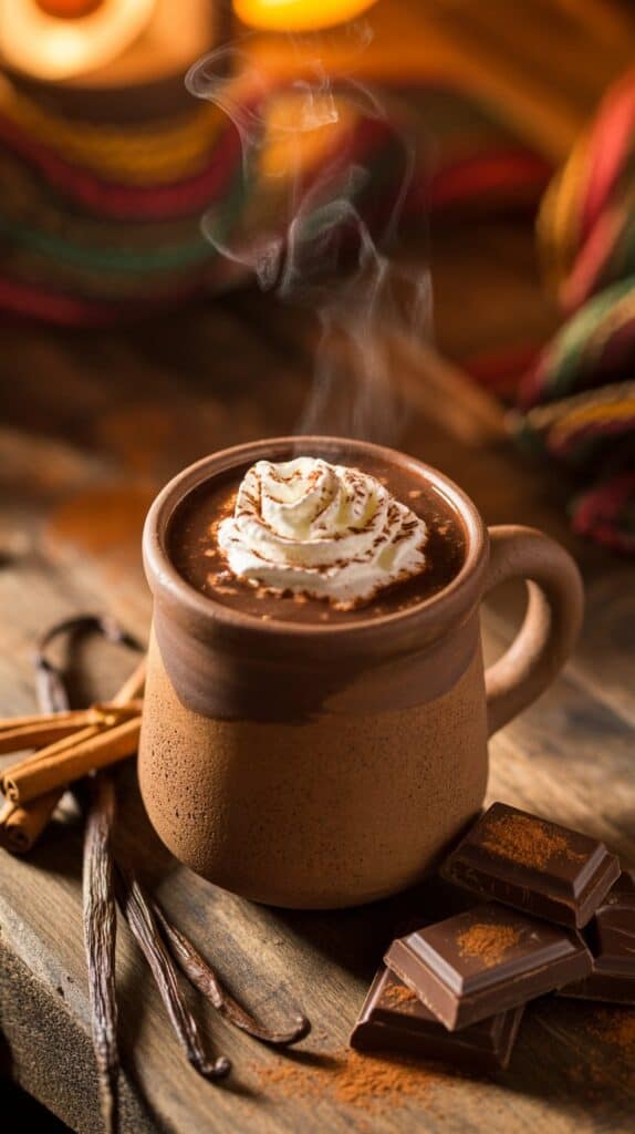 Hot Chocolates: A rustic clay mug filled with silky cocoa, cinnamon curls floating on top, and a hint of spice that warms you from the inside out.