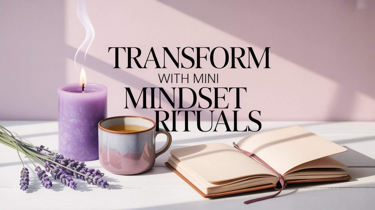 Mini Mindset Rituals. Purple candle and cup beside an open journal and lavender sprigs on a white surface. Text reads "Transform with Mini Mindset Rituals." Calm and inviting vibe.