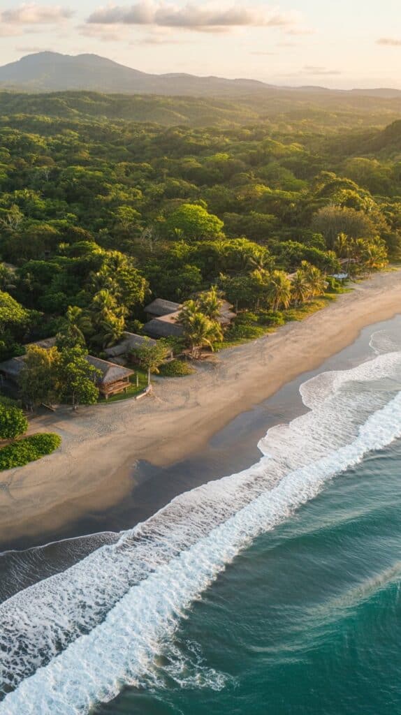 Aerial view of a serene beach with gentle waves lapping the shore, bordered by lush green forest and mountains in the background under a soft sunset sky.