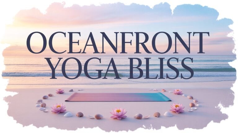 Oceanfront Yoga Retreats. Serene oceanfront scene with a yoga mat on sand, encircled by pink lotus flowers and seashells. "Oceanfront Yoga Bliss" text overlay; calm sunrise sky.